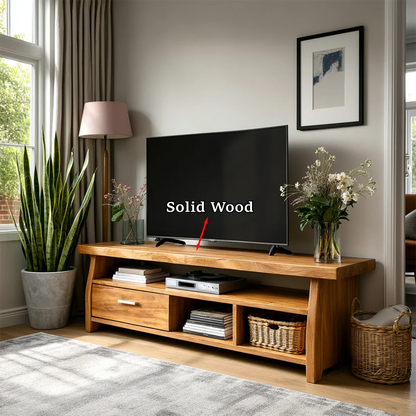 Sleek entertainment unit designed with open storage and streamlined drawer compartments