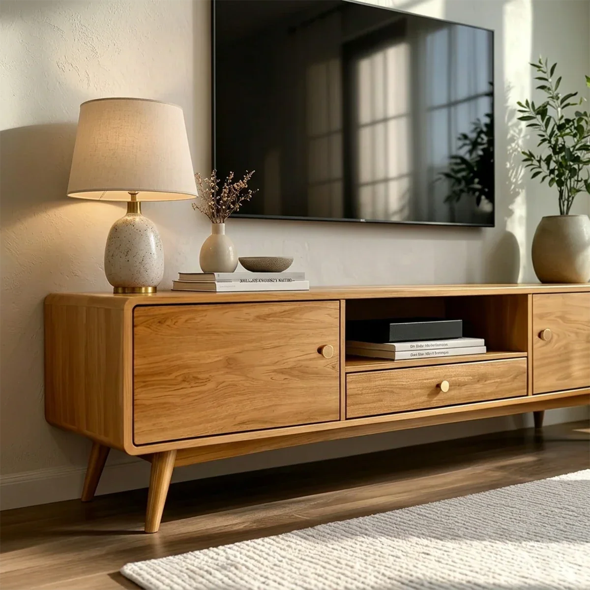 Minimalist entertainment center with rounded edges and spacious cabinet compartments