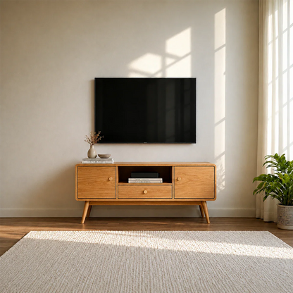 Minimalist Solid Wood TV Stand with Drawer and Cabinet Storage Design