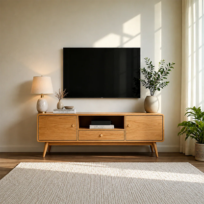 Minimalist Solid Wood TV Stand with Drawer and Cabinet Storage Design