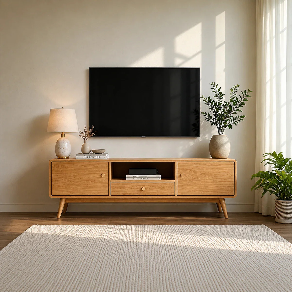 Minimalist Solid Wood TV Stand with Drawer and Cabinet Storage Design