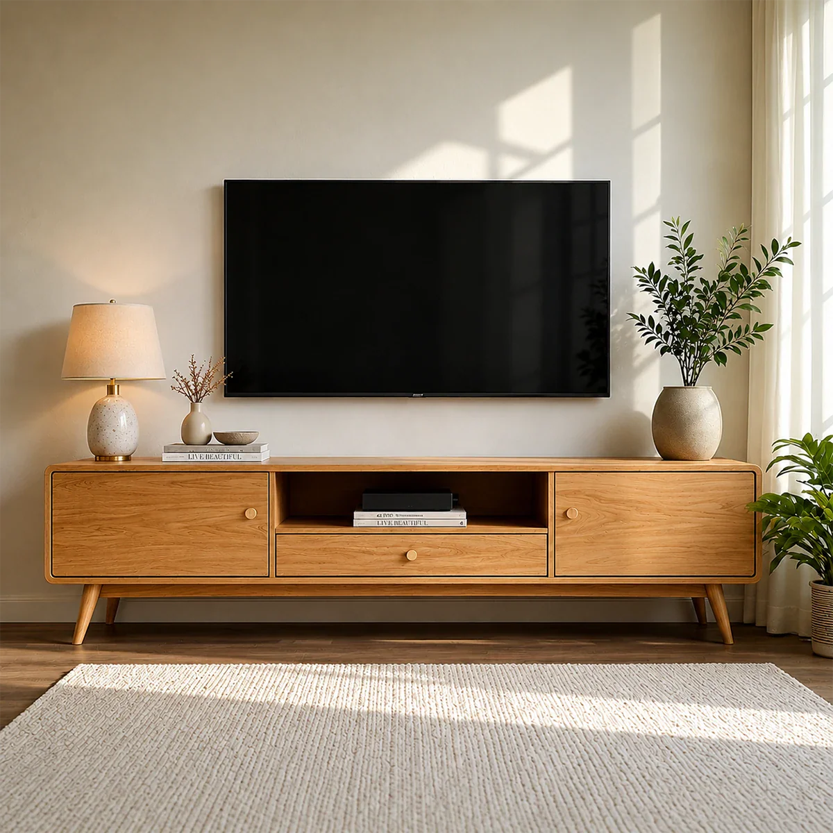 Minimalist Solid Wood TV Stand with Drawer and Cabinet Storage Design