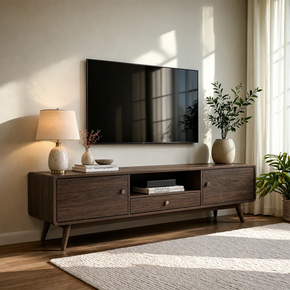 Mid century TV stand featuring slim legs and modern entertainment storage design