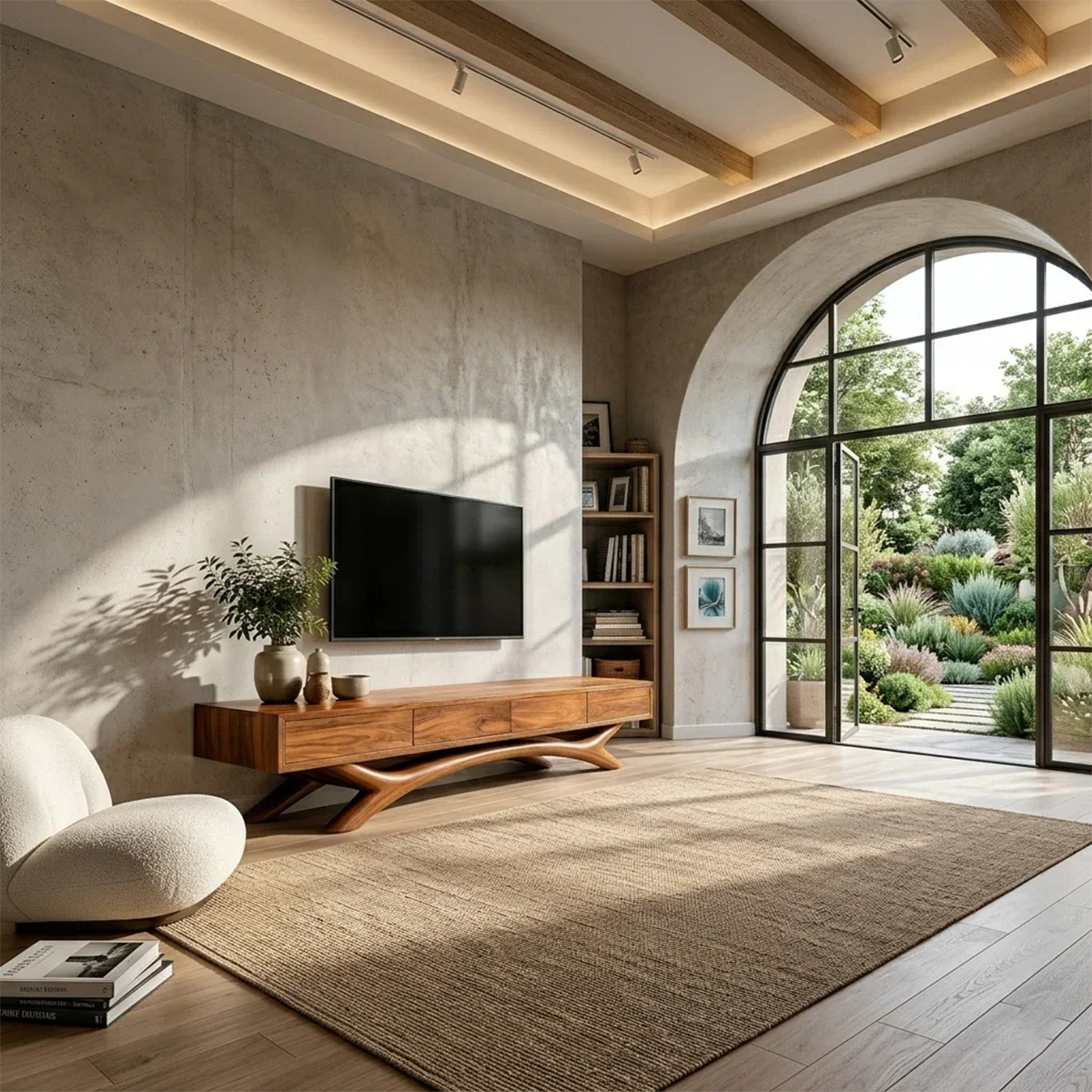 Contemporary media console designed with clean lines and refined natural wood finish styling