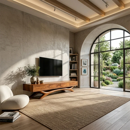 Contemporary media console designed with clean lines and refined natural wood finish styling