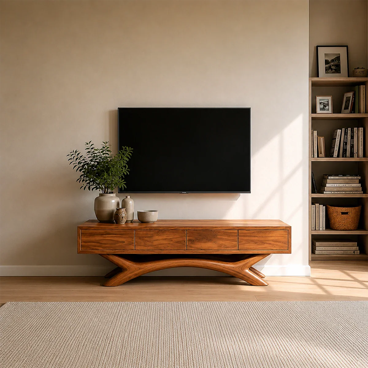 Floating Solid Wood TV Stand with Sculptural Curved Base Design for Living Room