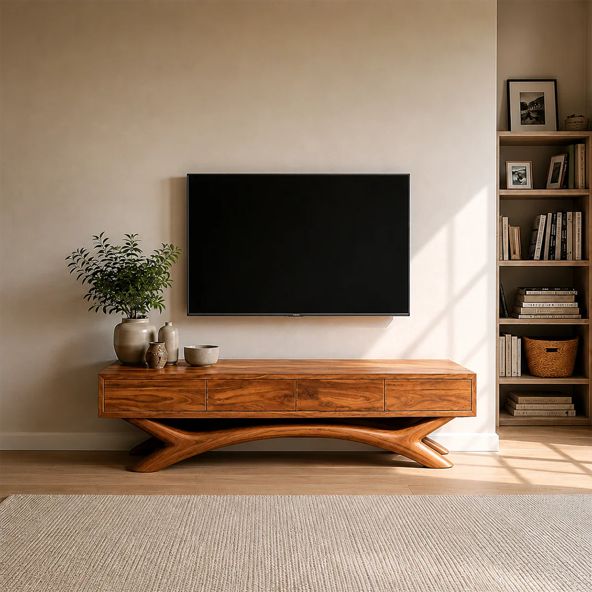 Floating Solid Wood TV Stand with Sculptural Curved Base Design for Living Room
