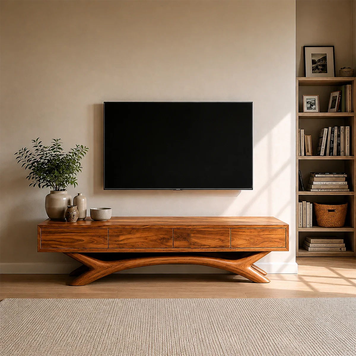 Floating Solid Wood TV Stand with Sculptural Curved Base Design for Living Room