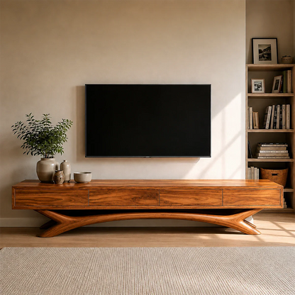 Floating Solid Wood TV Stand with Sculptural Curved Base Design for Living Room