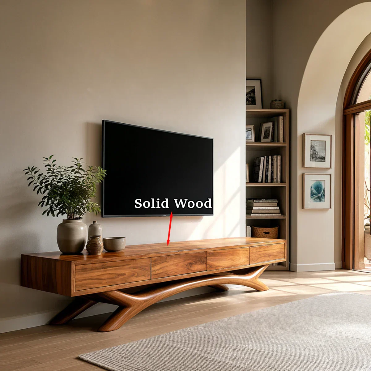 Wall mounted style TV cabinet showcasing elongated profile and natural wood finish detail