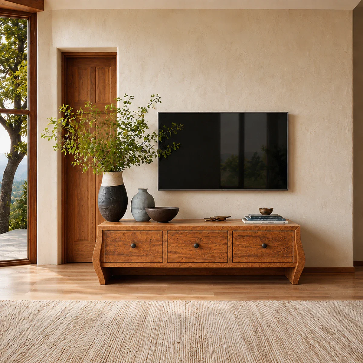 Minimalist Solid Wood TV Stand with Sculptural Drawer Storage for Living Room