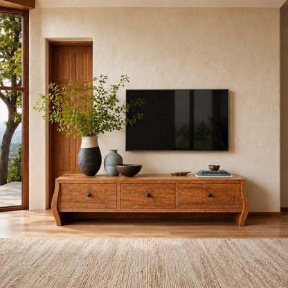 Minimalist Solid Wood TV Stand with Sculptural Drawer Storage for Living Room