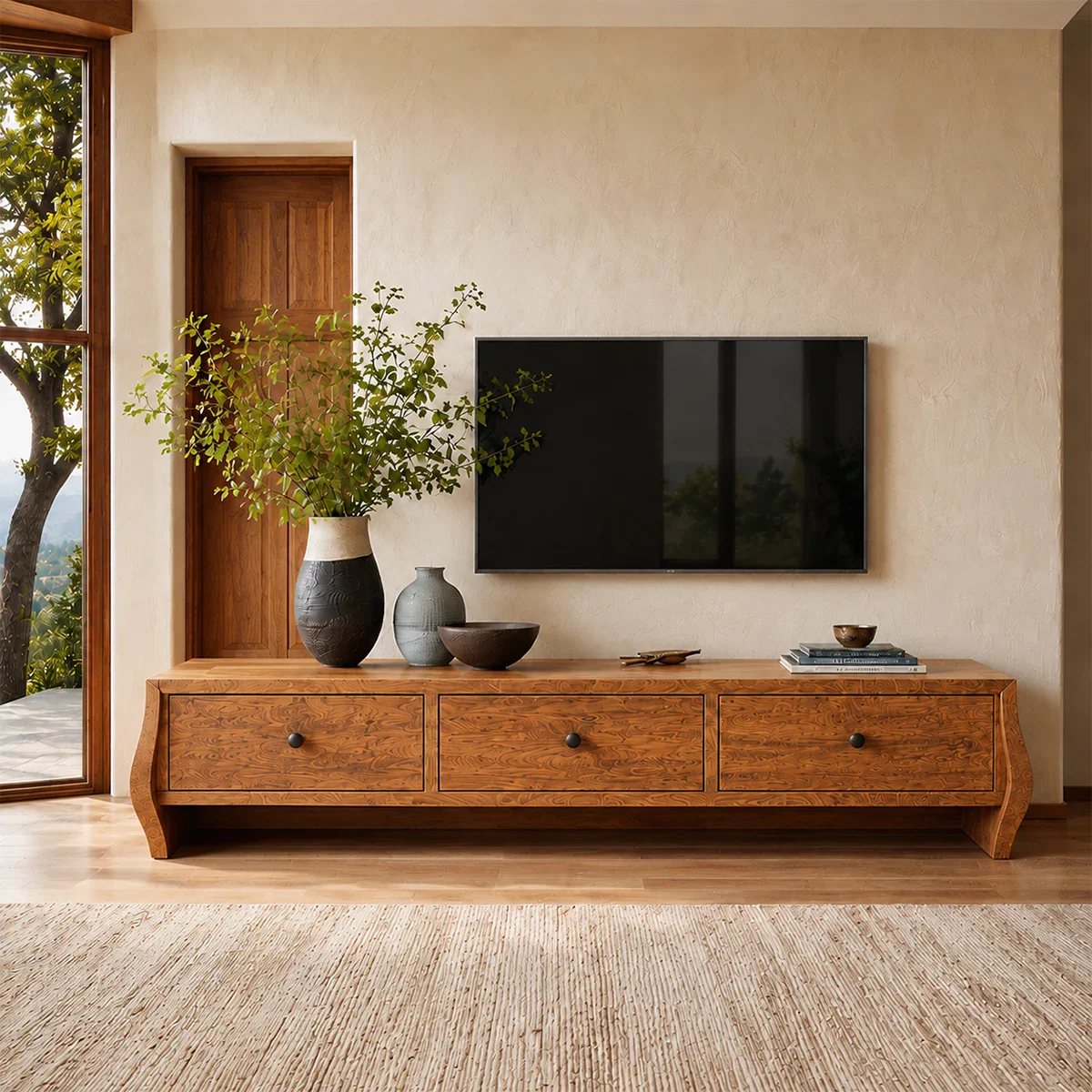Minimalist Solid Wood TV Stand with Sculptural Drawer Storage for Living Room