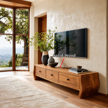 Architectural TV cabinet showcasing balanced proportions and natural wood finish surfaces