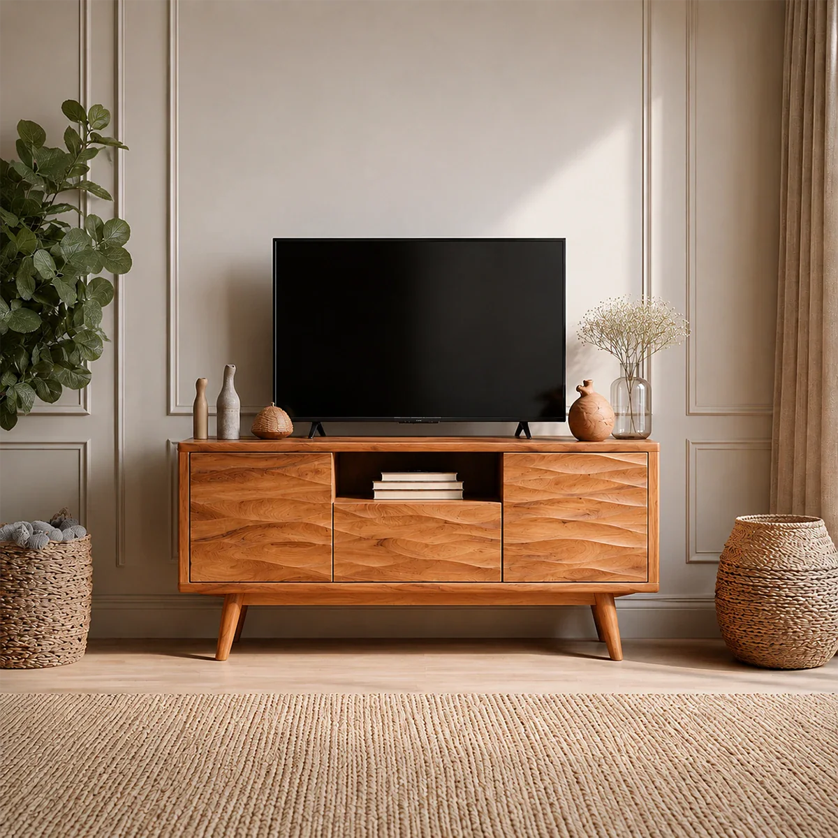 Natural Solid Wood TV Stand with Center Drawer and Side Door Storage