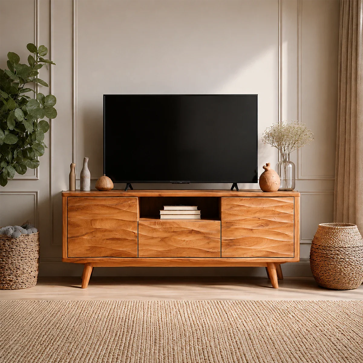 Natural Solid Wood TV Stand with Center Drawer and Side Door Storage