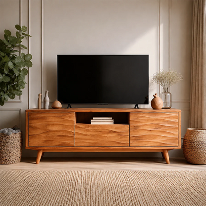 Natural Solid Wood TV Stand with Center Drawer and Side Door Storage