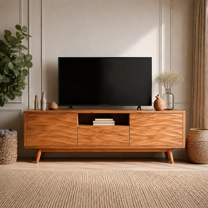Natural Solid Wood TV Stand with Center Drawer and Side Door Storage