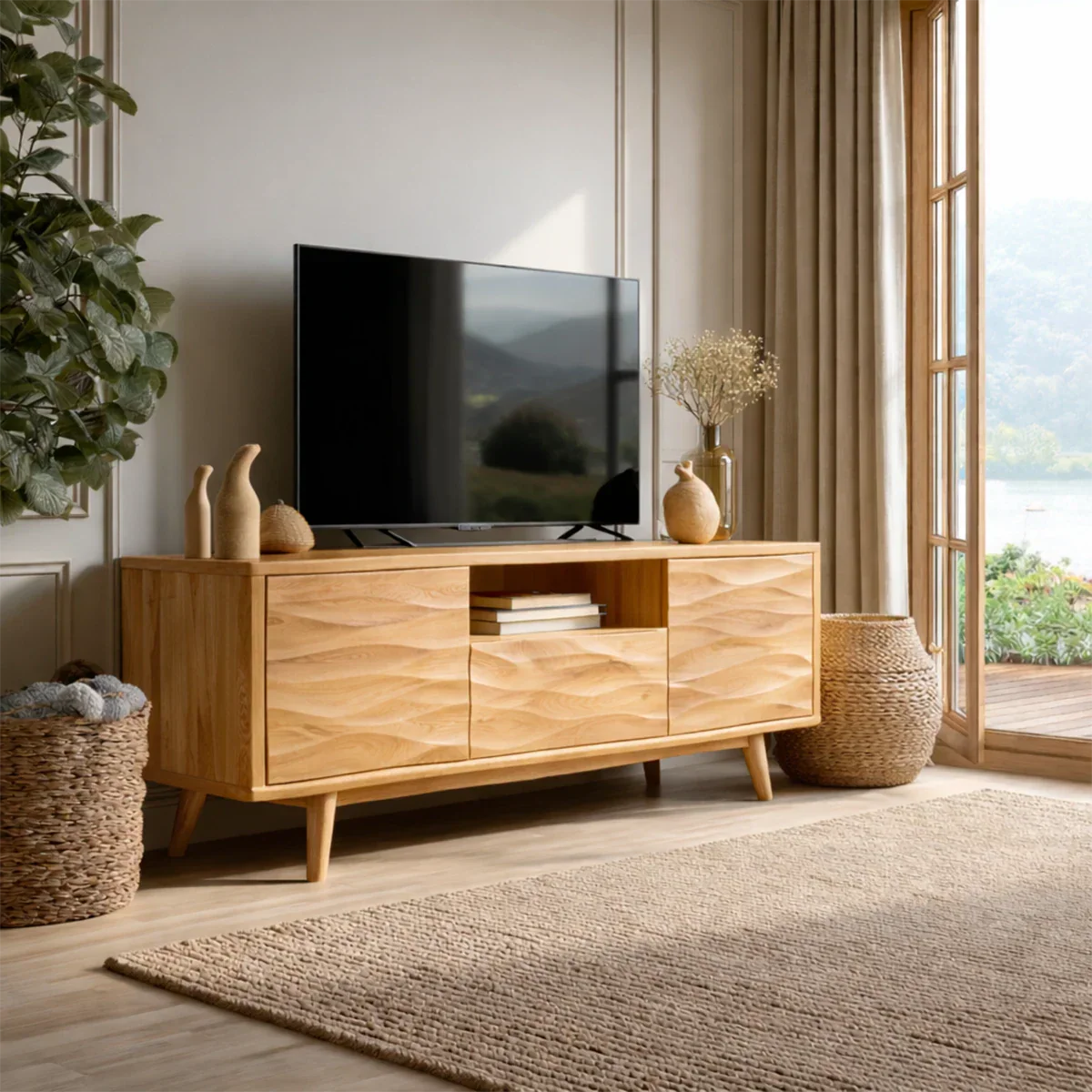 Stylish entertainment unit with natural wood appearance and built in storage cabinets