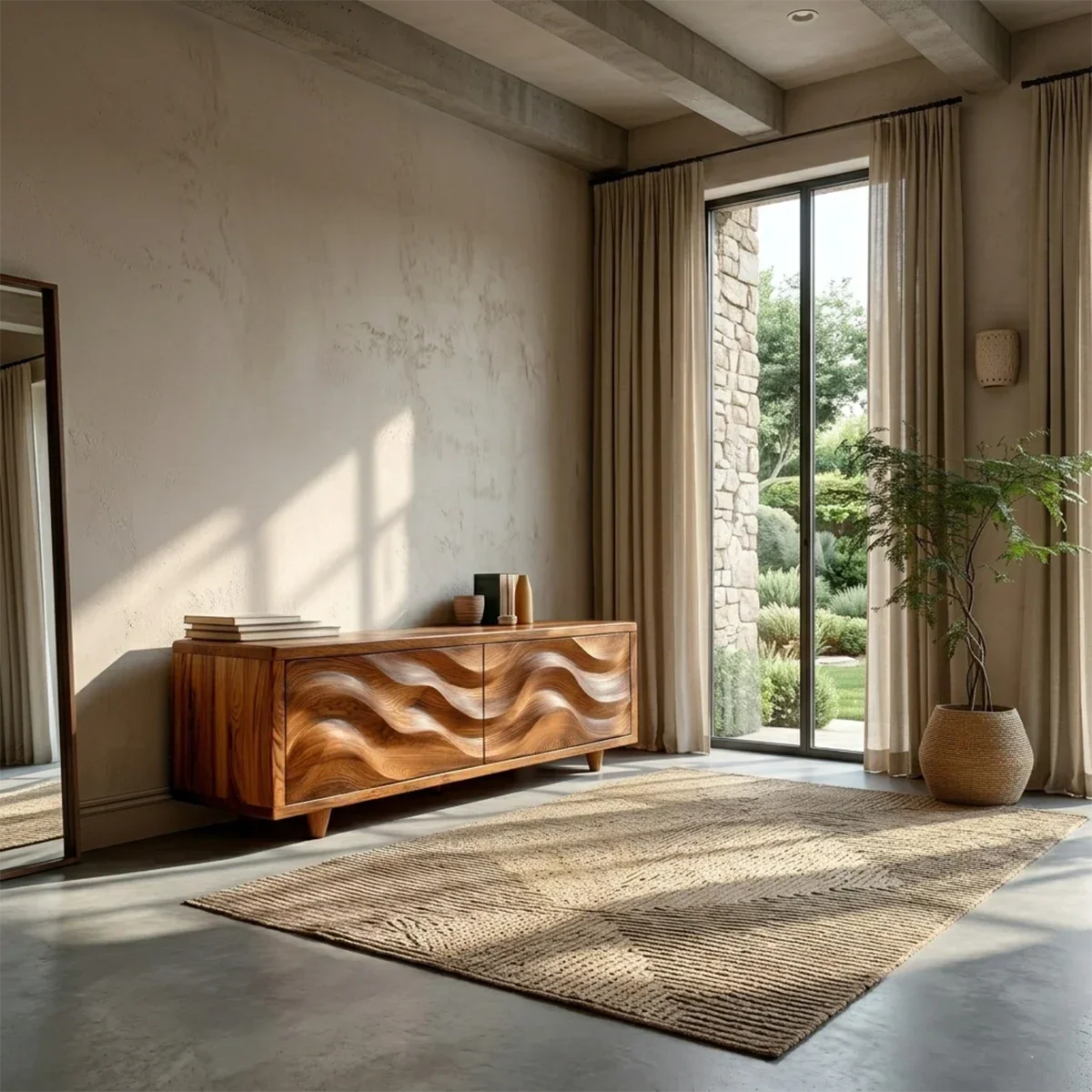 Contemporary media console with sculpted wood front and built in storage for interiors