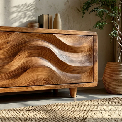 Minimalist TV stand with textured wave cabinet doors and natural wood look for homes