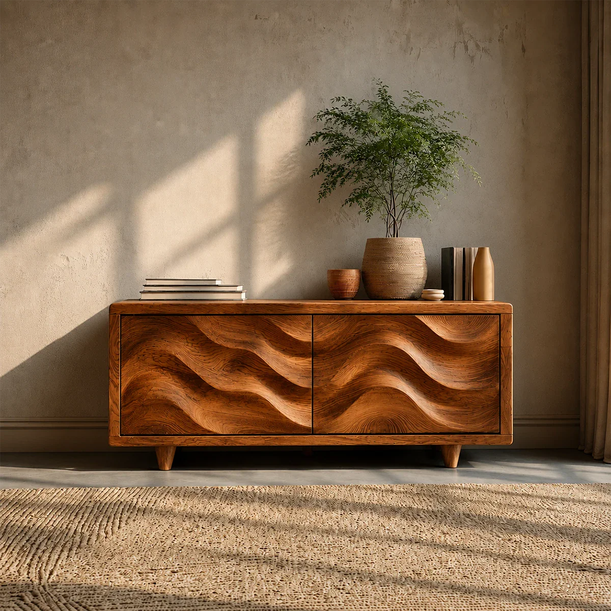 Wave Front Natural Solid Wood TV Stand with Hidden Storage and Low Profile