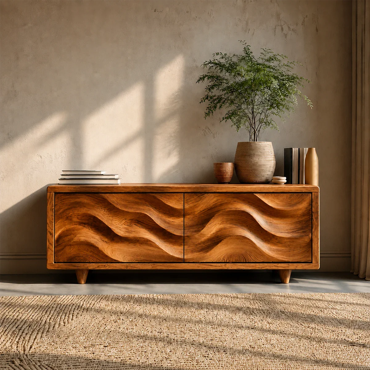 Wave Front Natural Solid Wood TV Stand with Hidden Storage and Low Profile