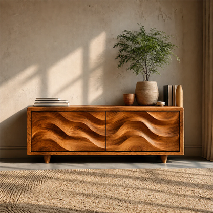 Wave Front Natural Solid Wood TV Stand with Hidden Storage and Low Profile
