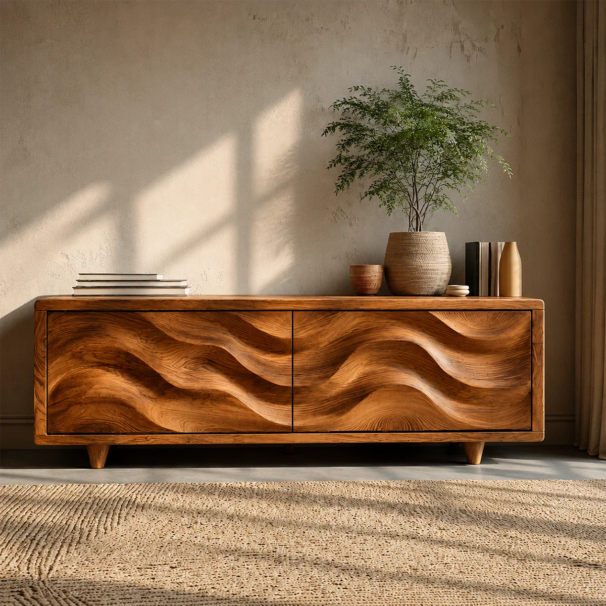 Wave Front Natural Solid Wood TV Stand with Hidden Storage and Low Profile