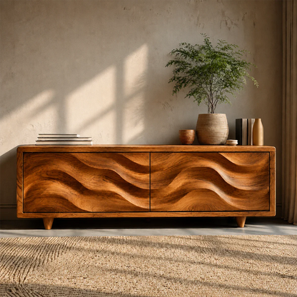 Wave Front Natural Solid Wood TV Stand with Hidden Storage and Low Profile