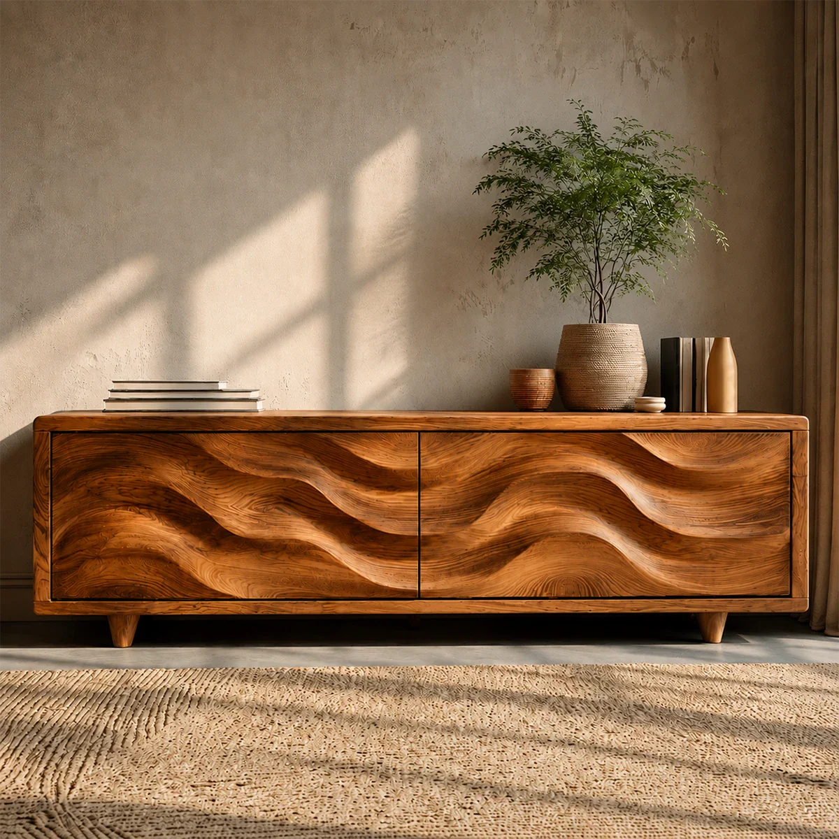 Wave Front Natural Solid Wood TV Stand with Hidden Storage and Low Profile