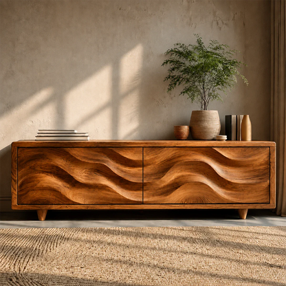 Wave Front Natural Solid Wood TV Stand with Hidden Storage and Low Profile