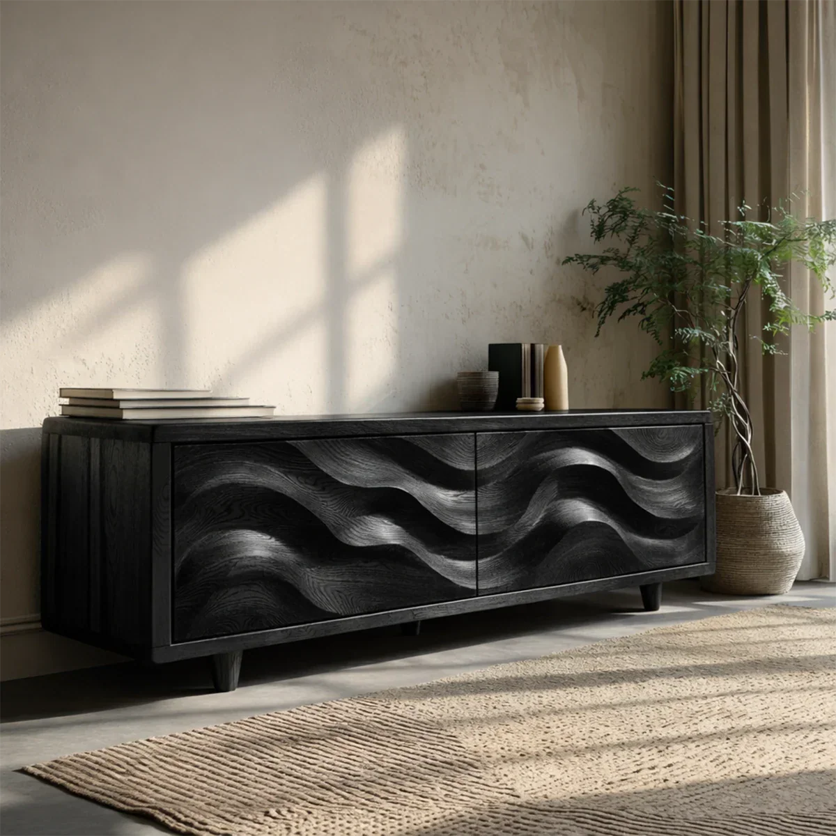 Modern media console with textured cabinet design and natural wood appearance