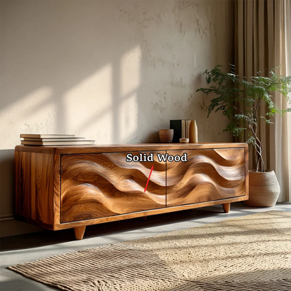 Functional TV stand with carved wood front and minimalist storage for living rooms