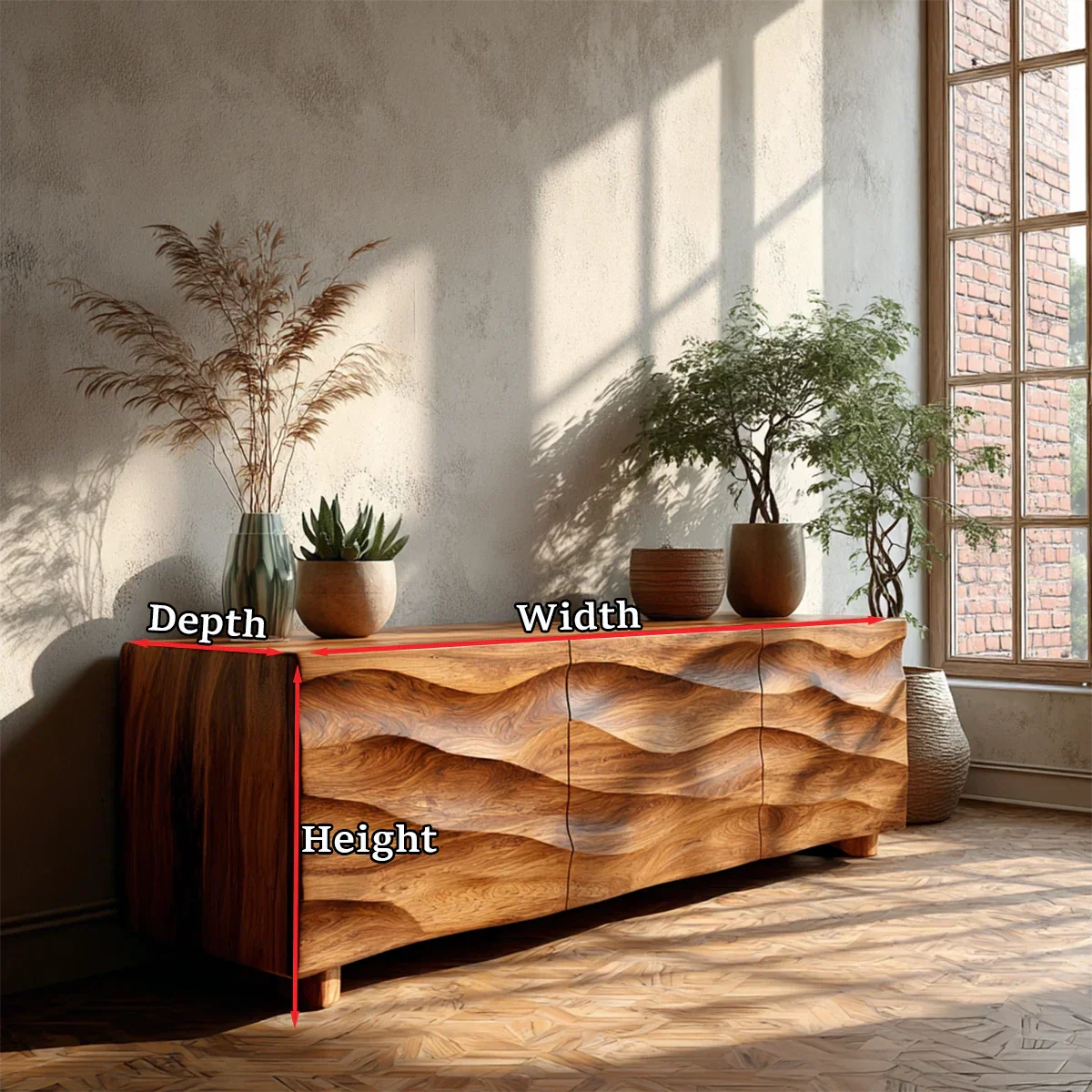 Functional media cabinet with sculpted wood front and modern minimalist living room décor