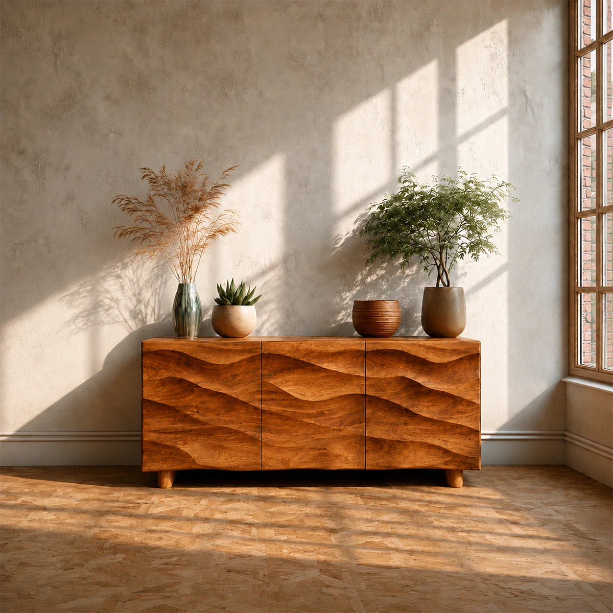 Sculpted Wave Front TV Stand in Natural Solid Wood with Hidden Storage