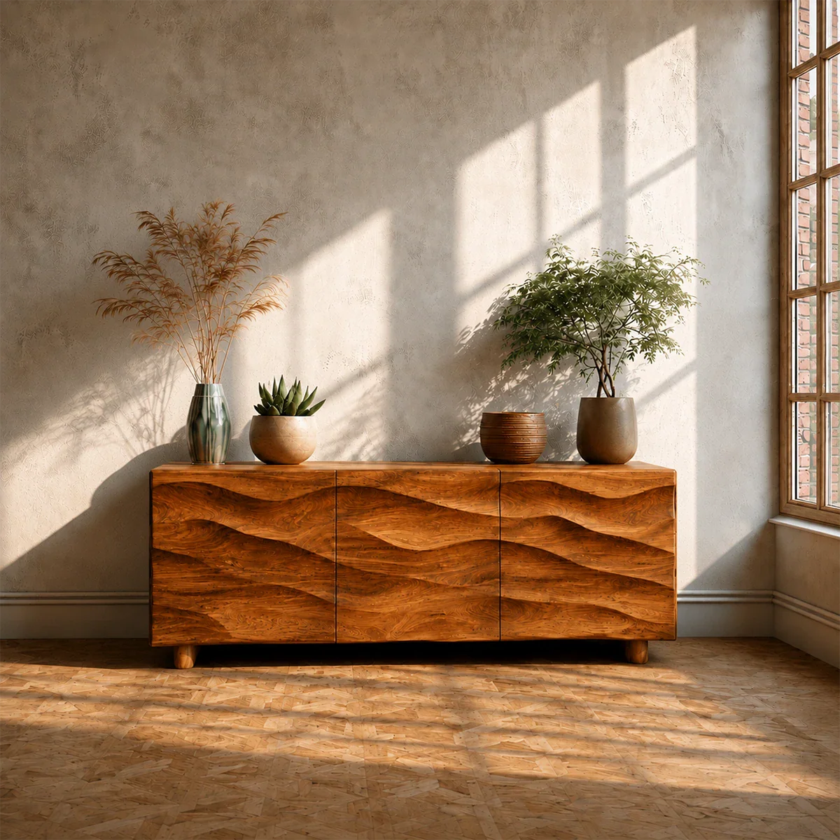 Sculpted Wave Front TV Stand in Natural Solid Wood with Hidden Storage
