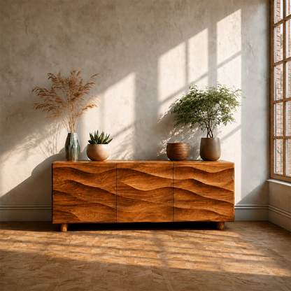 Sculpted Wave Front TV Stand in Natural Solid Wood with Hidden Storage