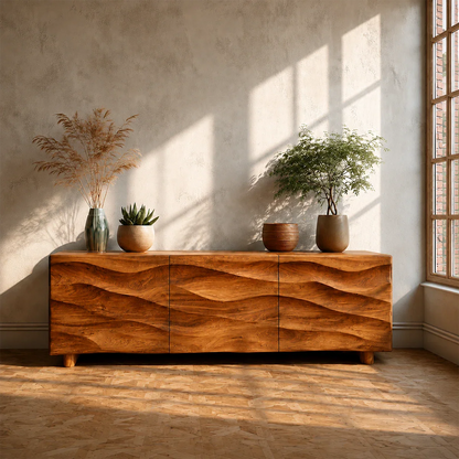 Sculpted Wave Front TV Stand in Natural Solid Wood with Hidden Storage