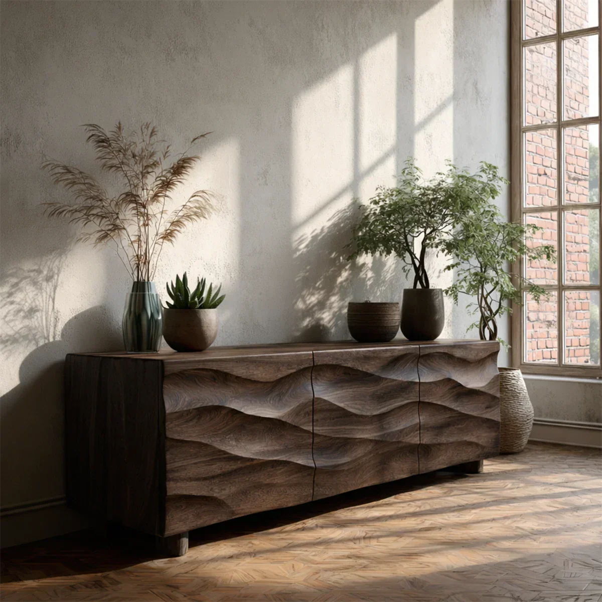 Low profile media console with wave texture and natural wood finish for cozy living rooms