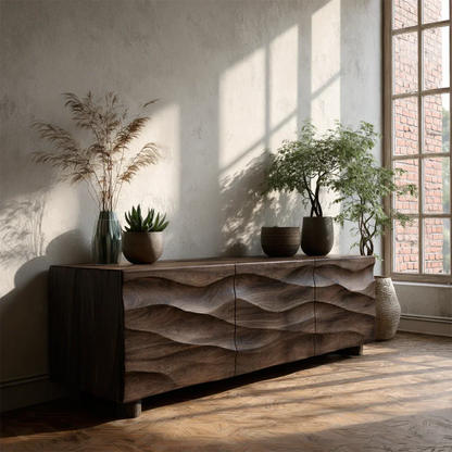 Low profile media console with wave texture and natural wood finish for cozy living rooms