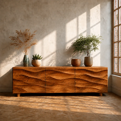 Sculpted Wave Front TV Stand in Natural Solid Wood with Hidden Storage