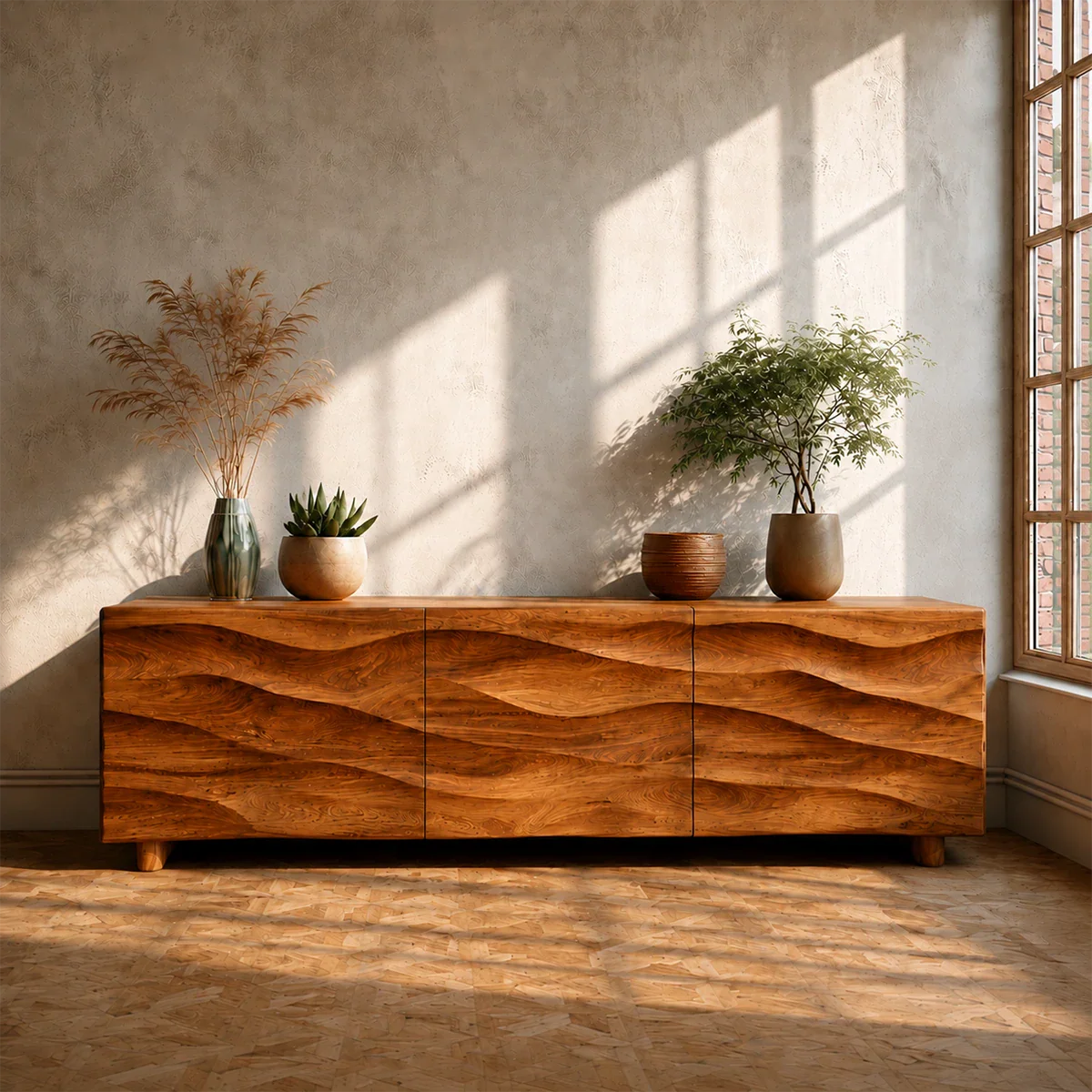 Sculpted Wave Front TV Stand in Natural Solid Wood with Hidden Storage