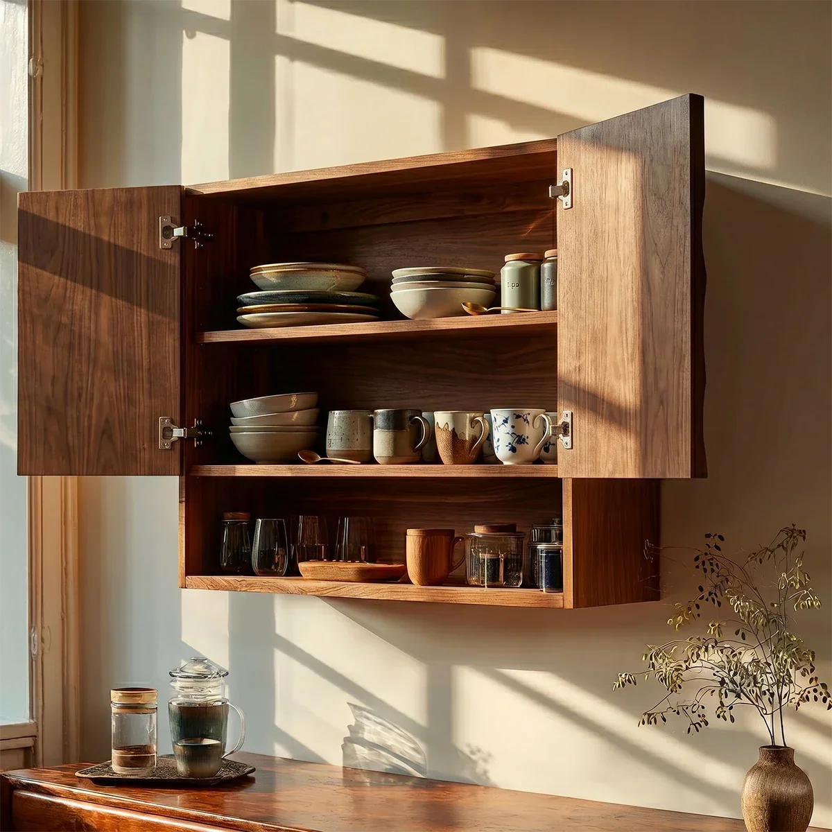 Minimalist wall mounted cabinet with textured wood doors and functional open shelf in kitchen space