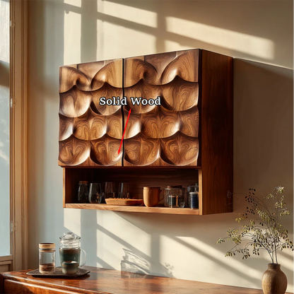 Functional kitchen wall cabinet with textured wood doors and display shelf in bright home space