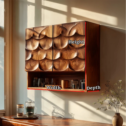 Premium modern cabinet with carved wood panels and open shelf storage in contemporary kitchen