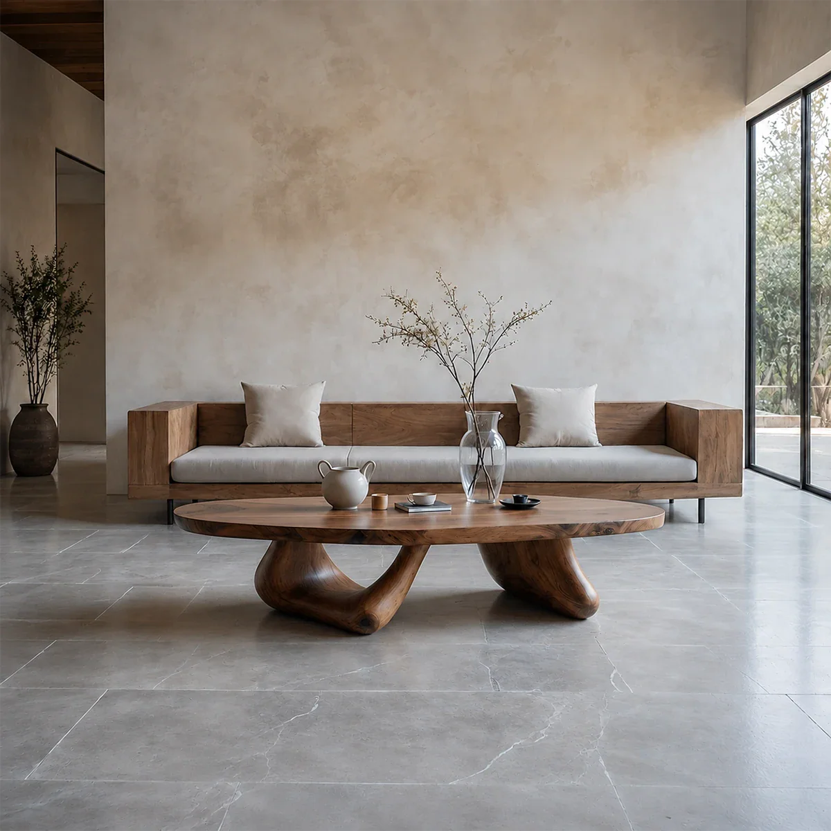 Low Profile Coffee Table – Solid Wood Sculptural Base Design