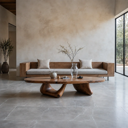 Low Profile Coffee Table – Solid Wood Sculptural Base Design