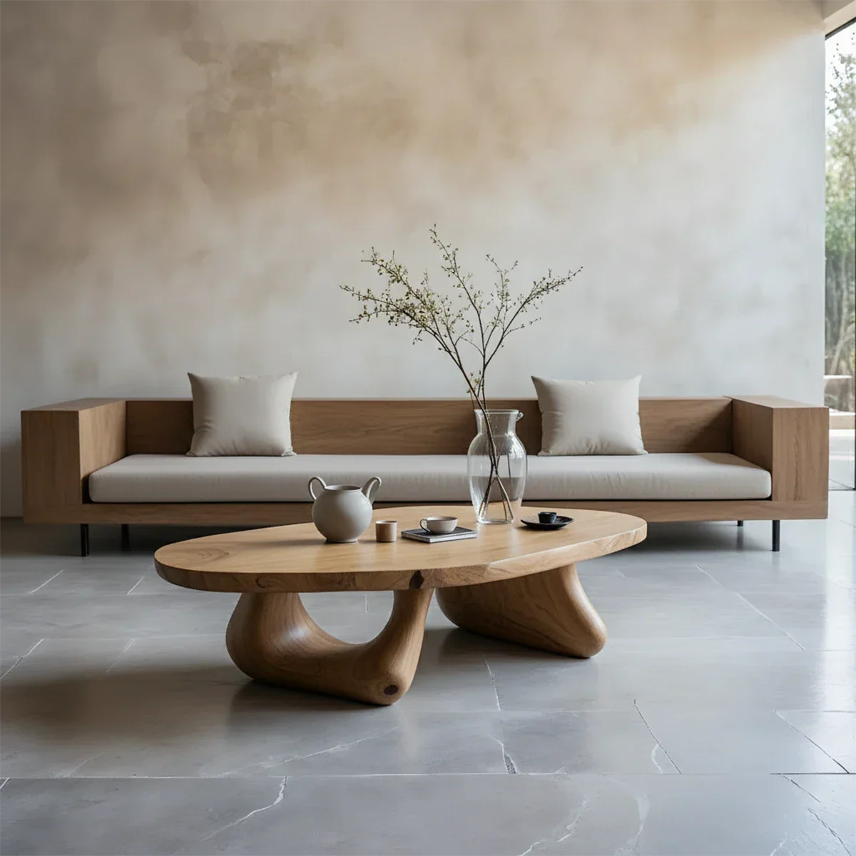 Oak coffee table with thick top and curved base design in a soft toned minimalist living room