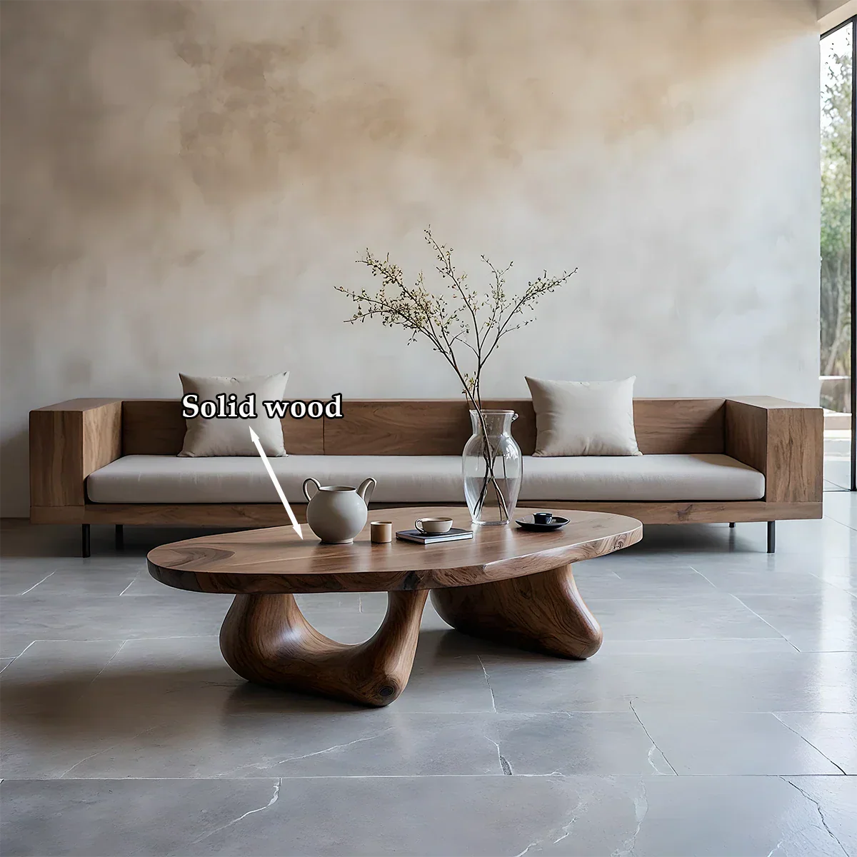 Walnut coffee table with natural grain detail and sculptural base in a refined modern interior